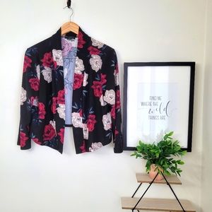 XL - I.N.C Floral Open Cropped Jacket 3/4 Sleeve Black with Red and White Roses